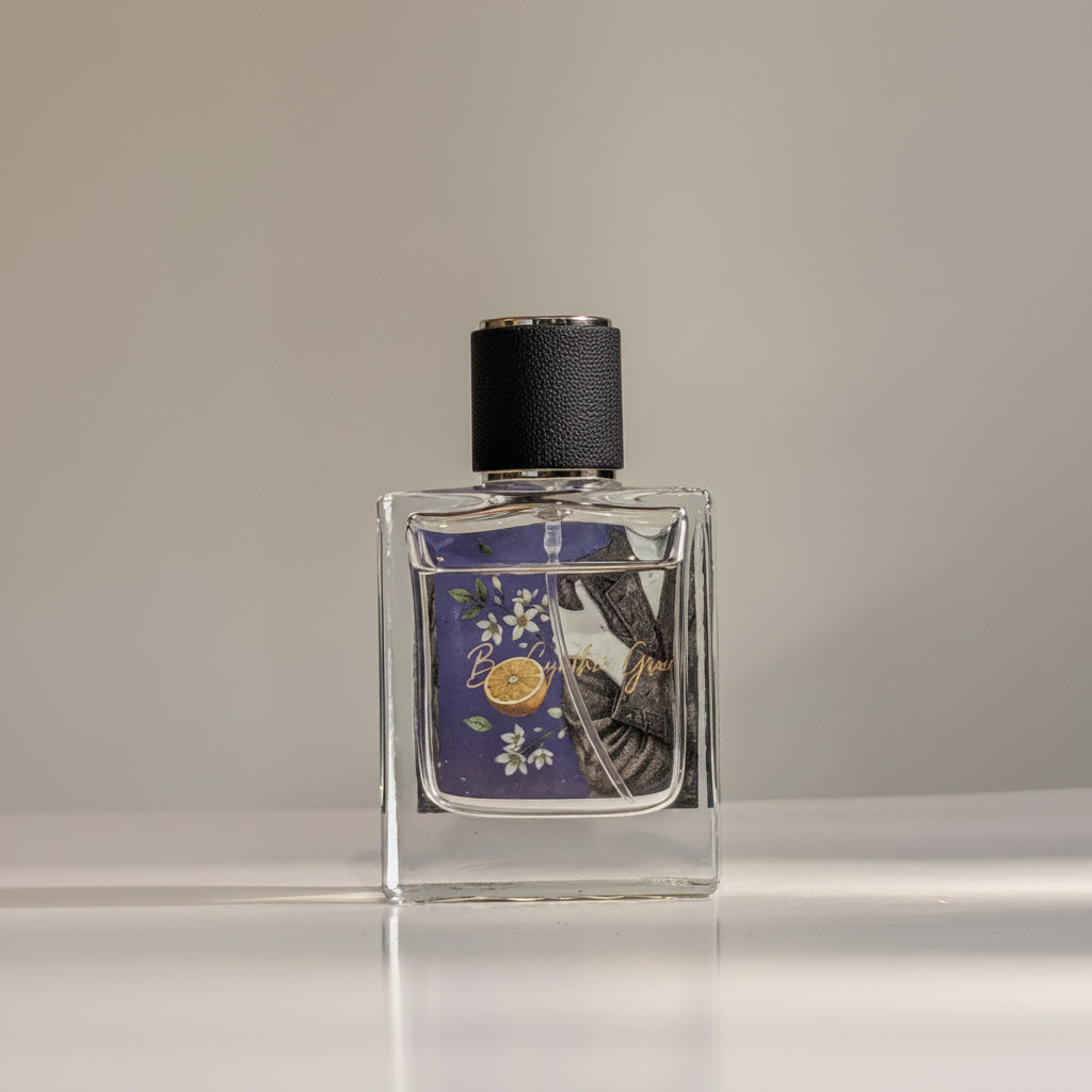 Embrace yourself, perfume bottle. The back label features an indigo background with orange blossoms.