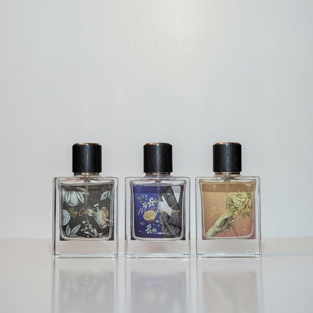 Three perfume bottles with decorative labels on a white background. The Sinta frarance family